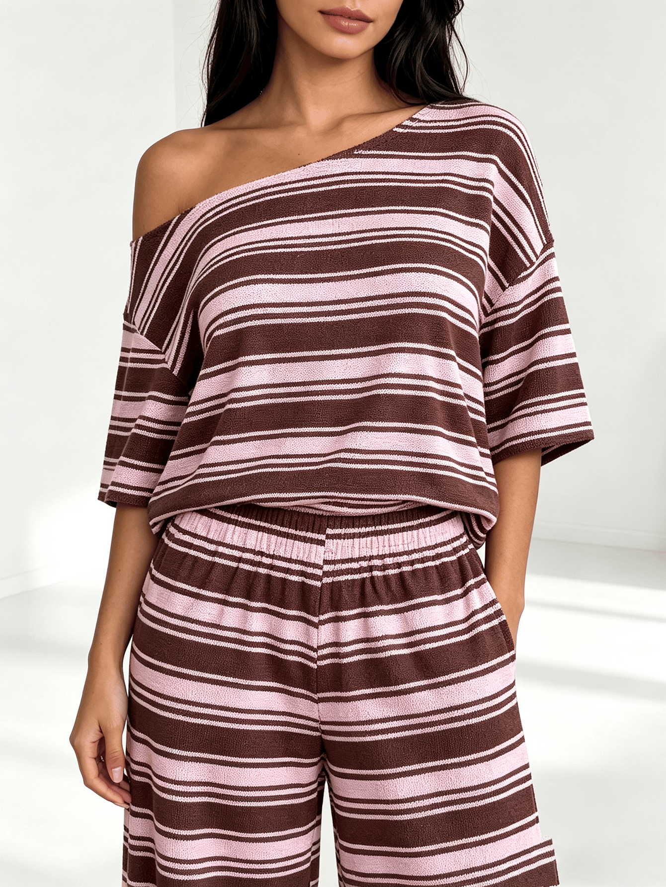 Striped Off-Shoulder Top and Wide-Leg Pants Co-ord Set