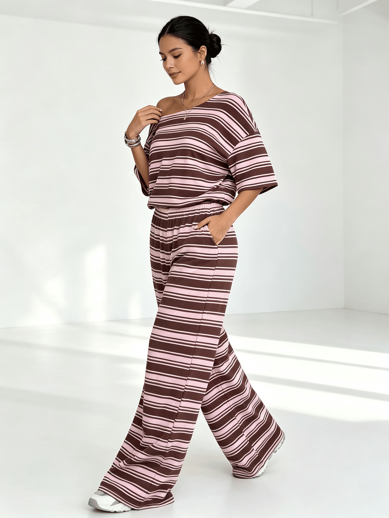 Striped Off-Shoulder Top and Wide-Leg Pants Co-ord Set
