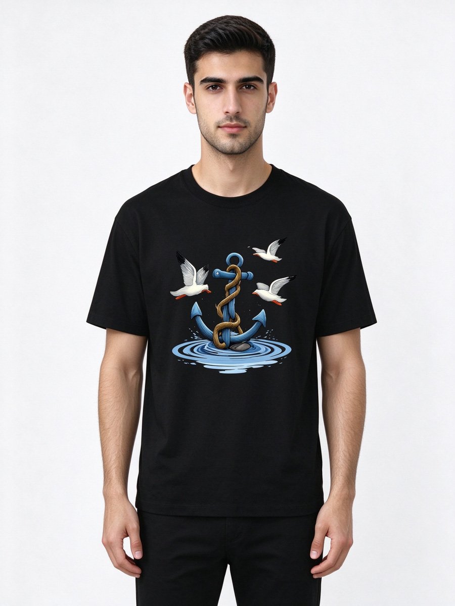 Men Black Knitted Anchor Graphic T-Shirt