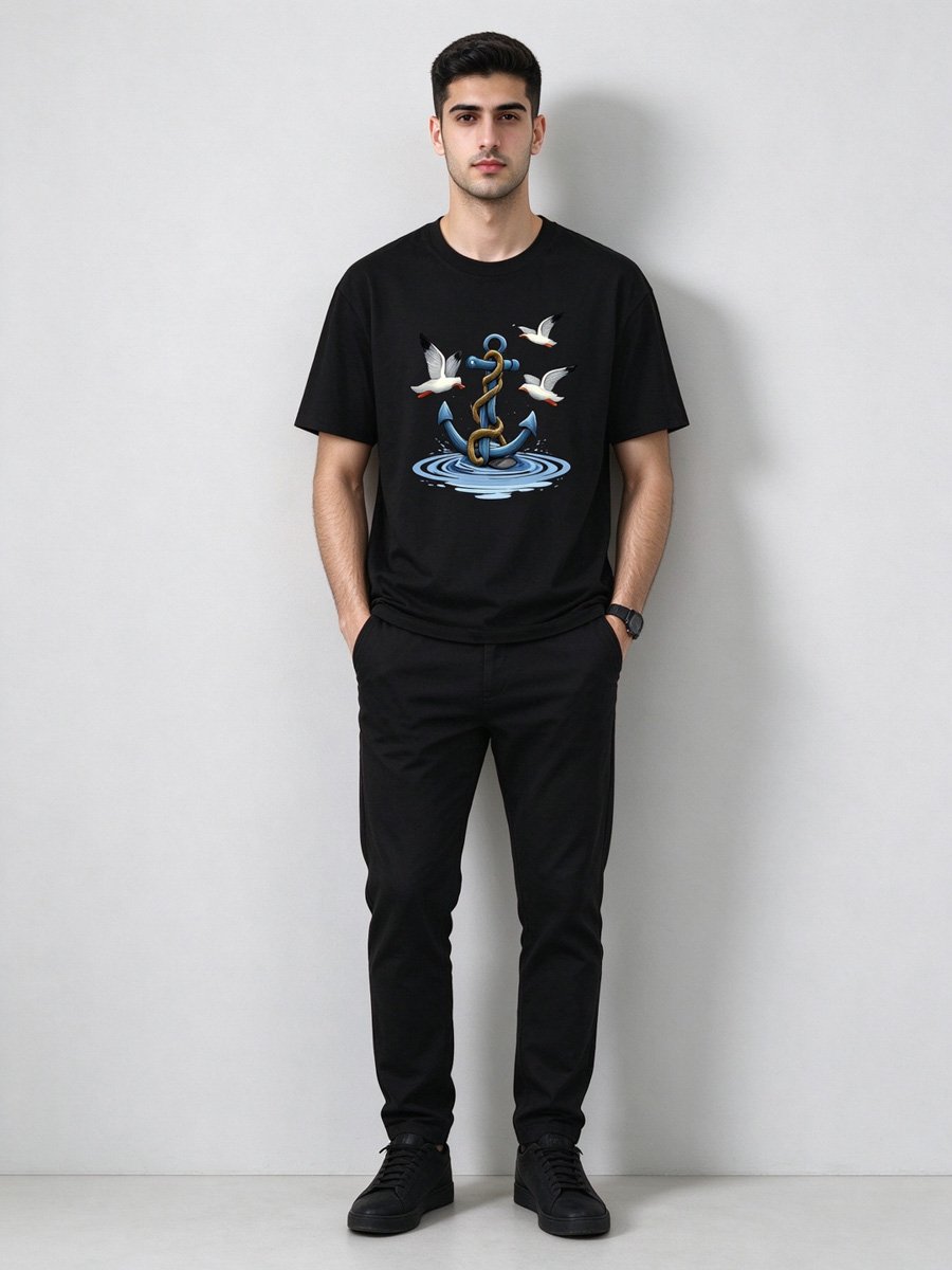 Men Black Knitted Anchor Graphic T-Shirt