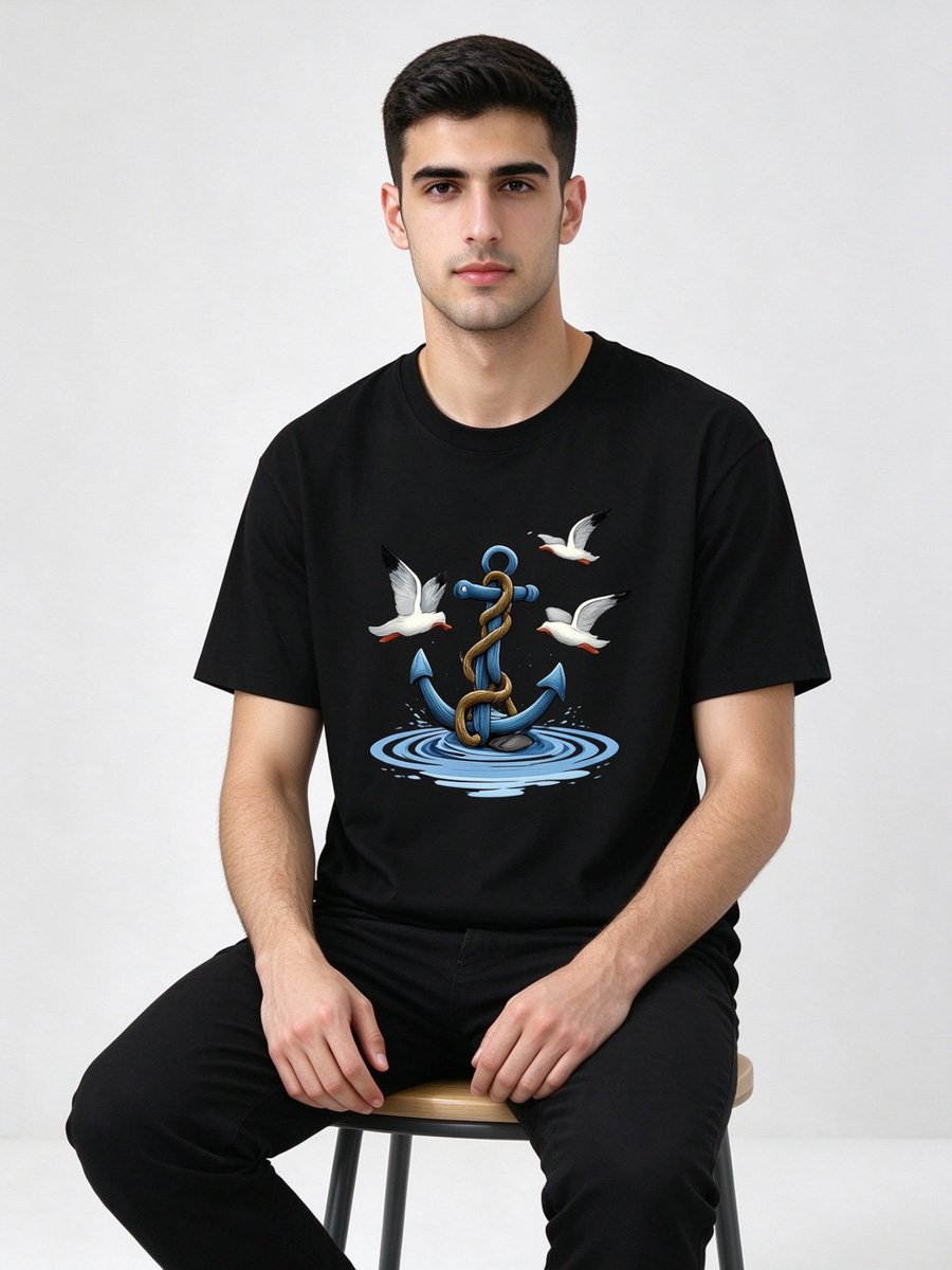 Men Black Knitted Anchor Graphic T-Shirt