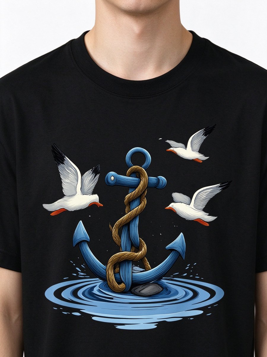 Men Black Knitted Anchor Graphic T-Shirt