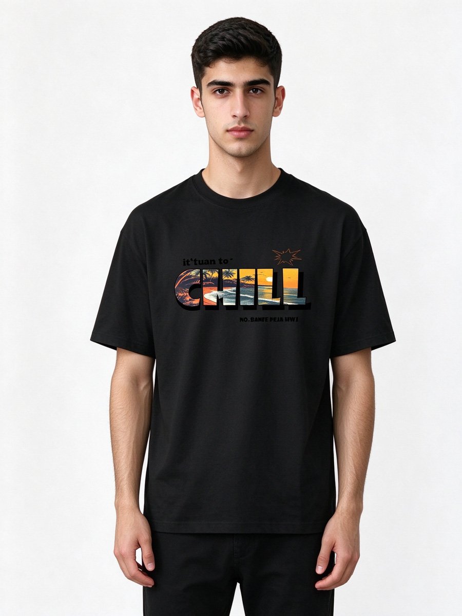 Men Black CHILL Graphic Knitted T-Shirt