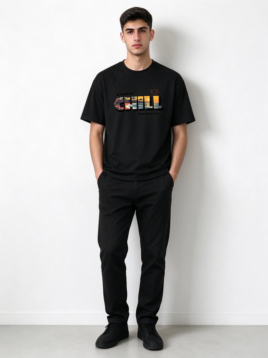 Men Black CHILL Graphic Knitted T-Shirt