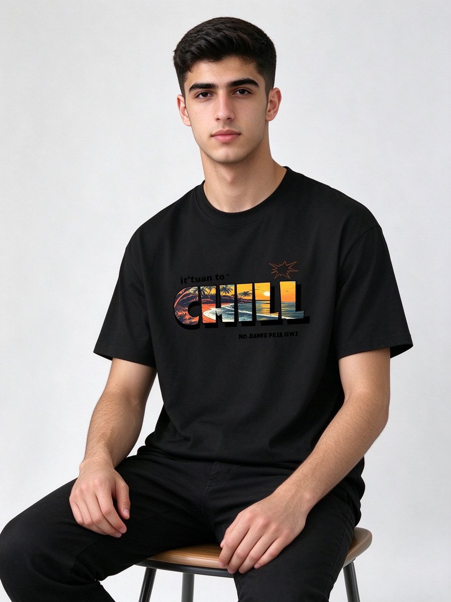 Men Black CHILL Graphic Knitted T-Shirt