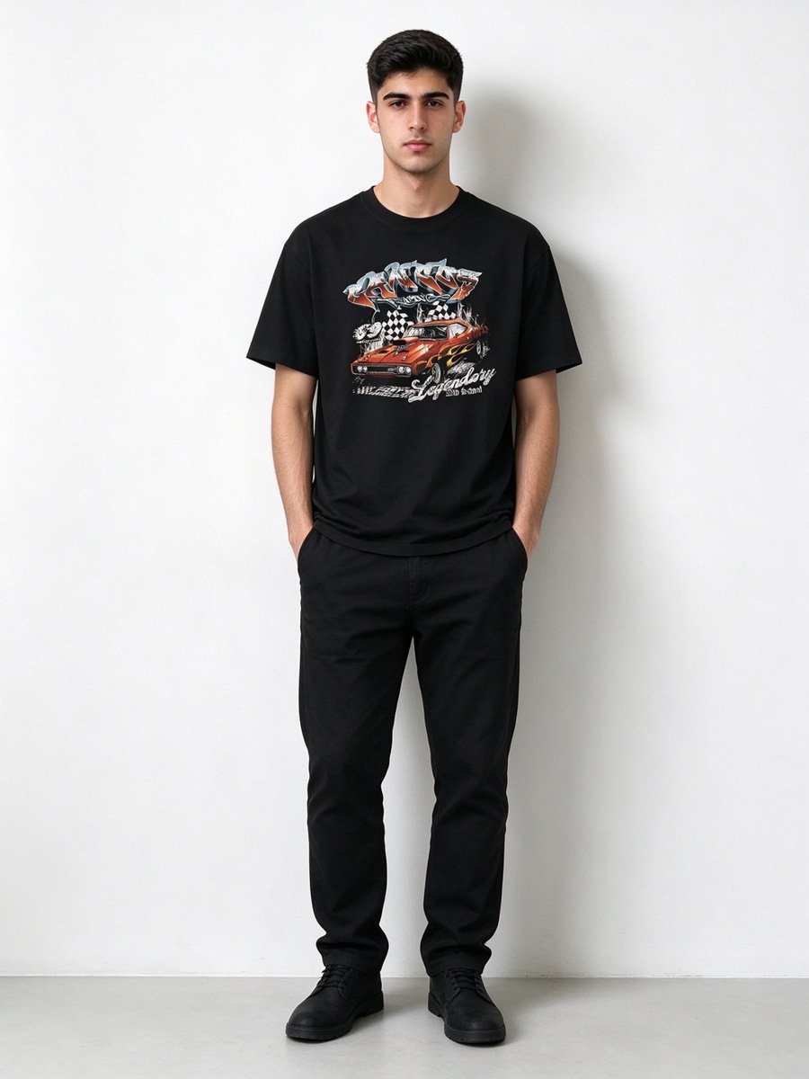 Men Black Cotton Loose-Fit Graphic T-Shirt