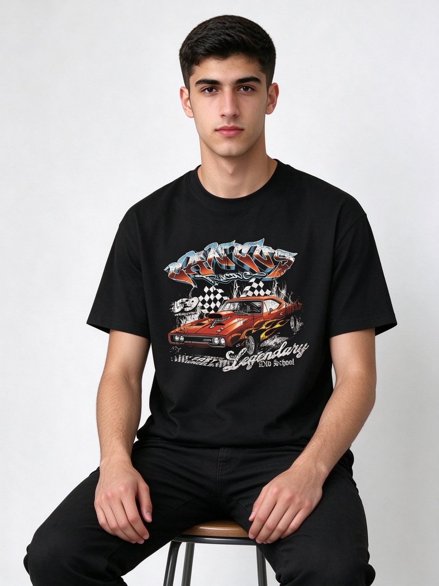 Men Black Cotton Loose-Fit Graphic T-Shirt