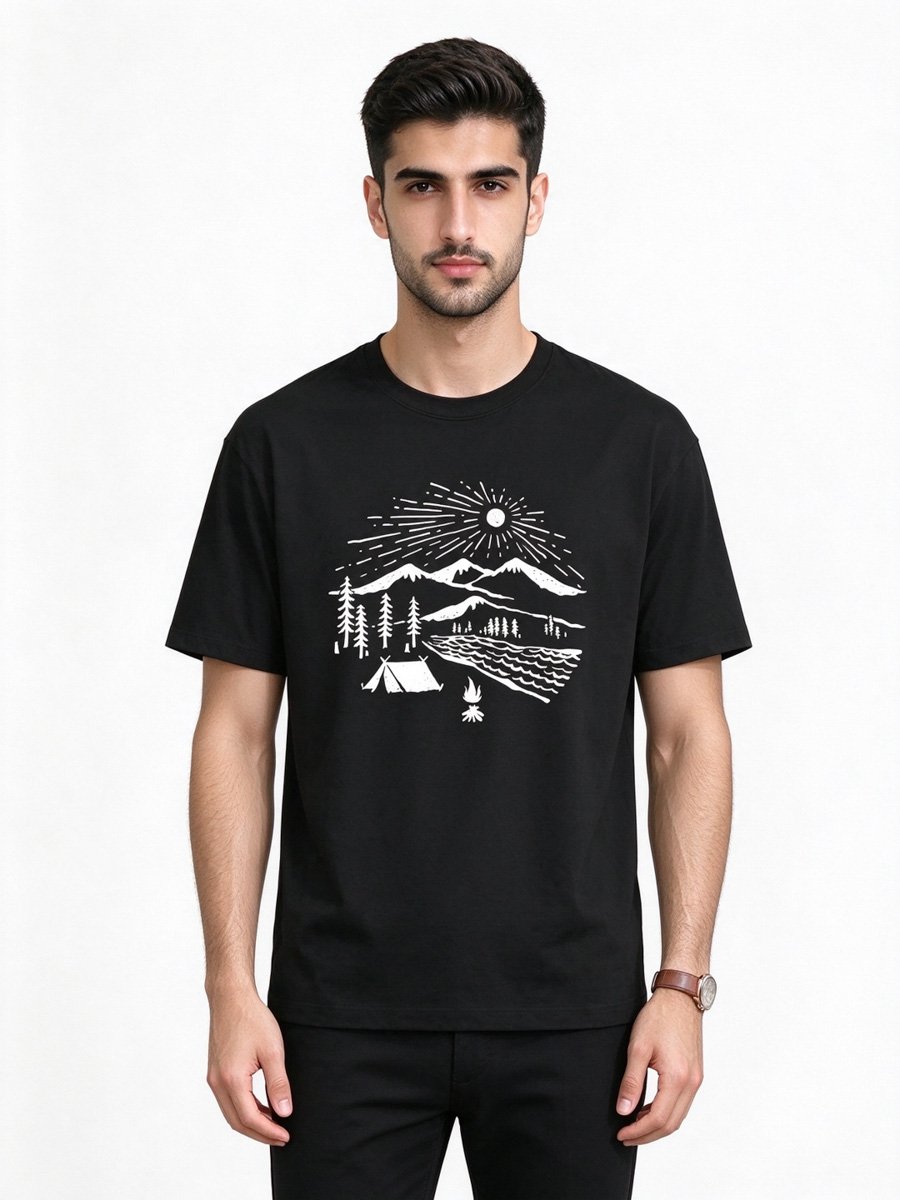 Men Black Knitted Graphic T-Shirt