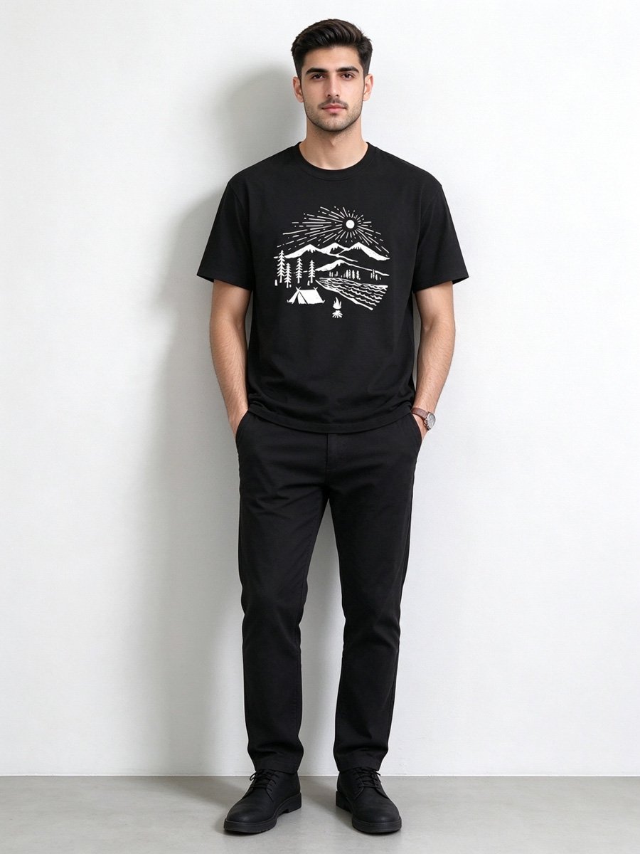 Men Black Knitted Graphic T-Shirt