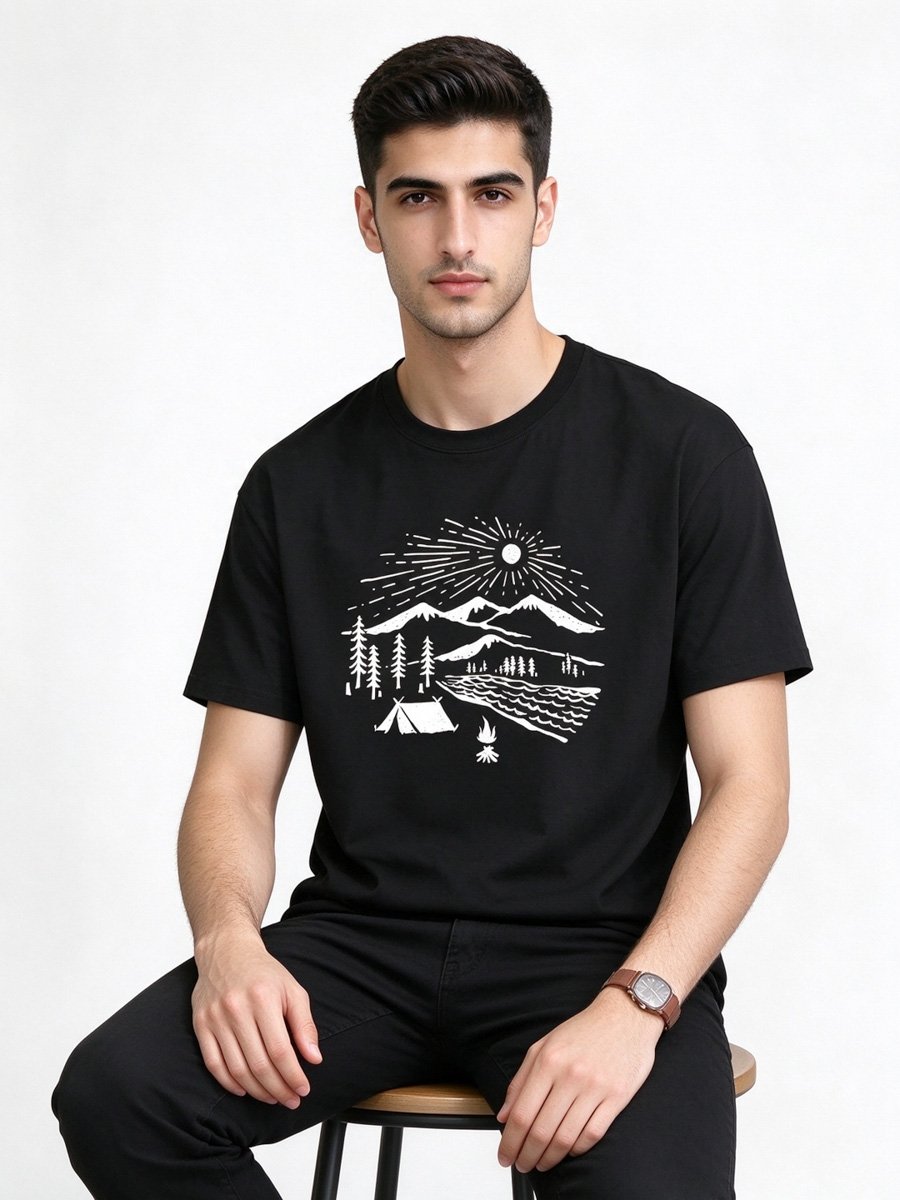 Men Black Knitted Graphic T-Shirt