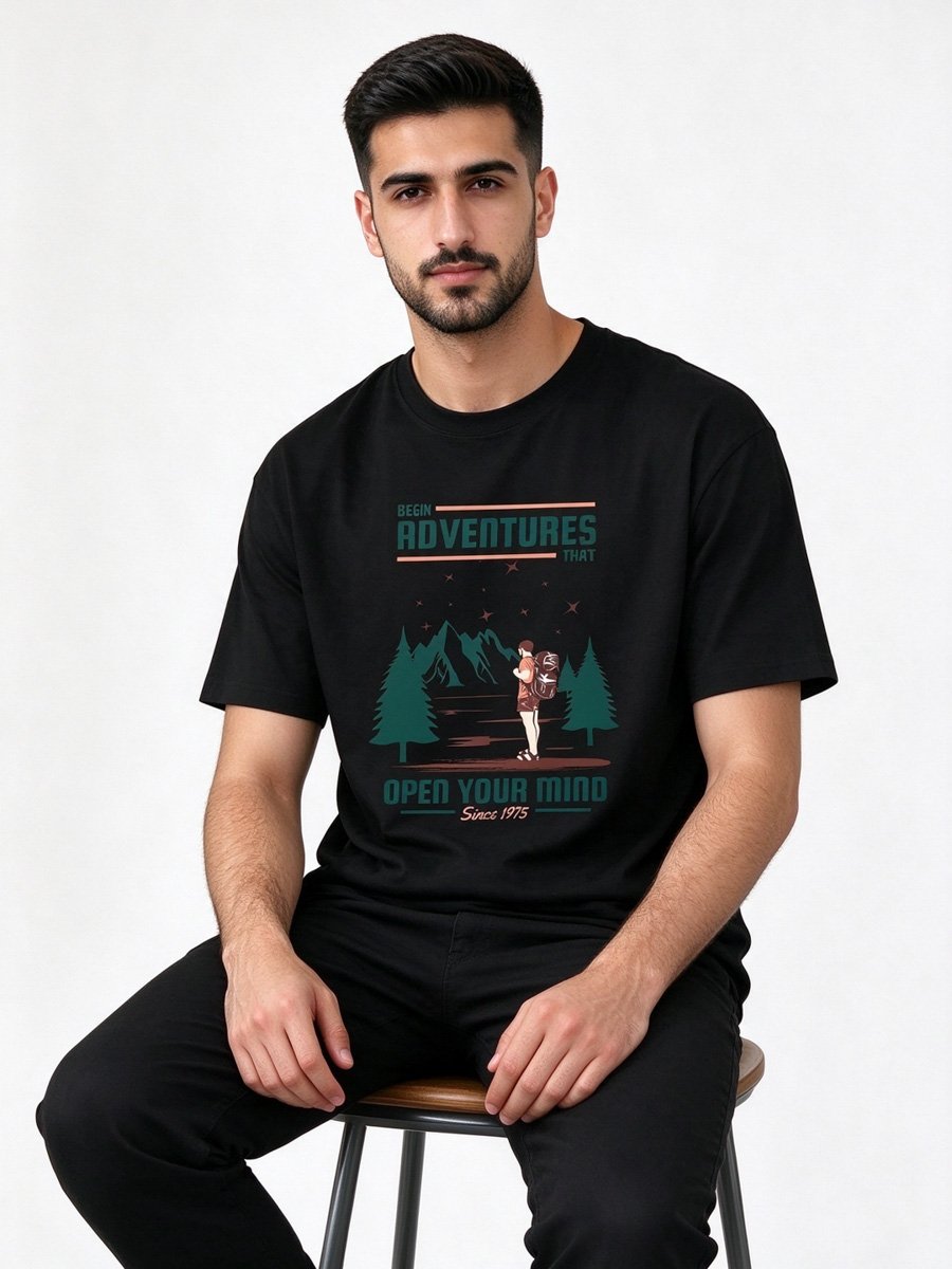 Men Black Graphic Adventure T-Shirt