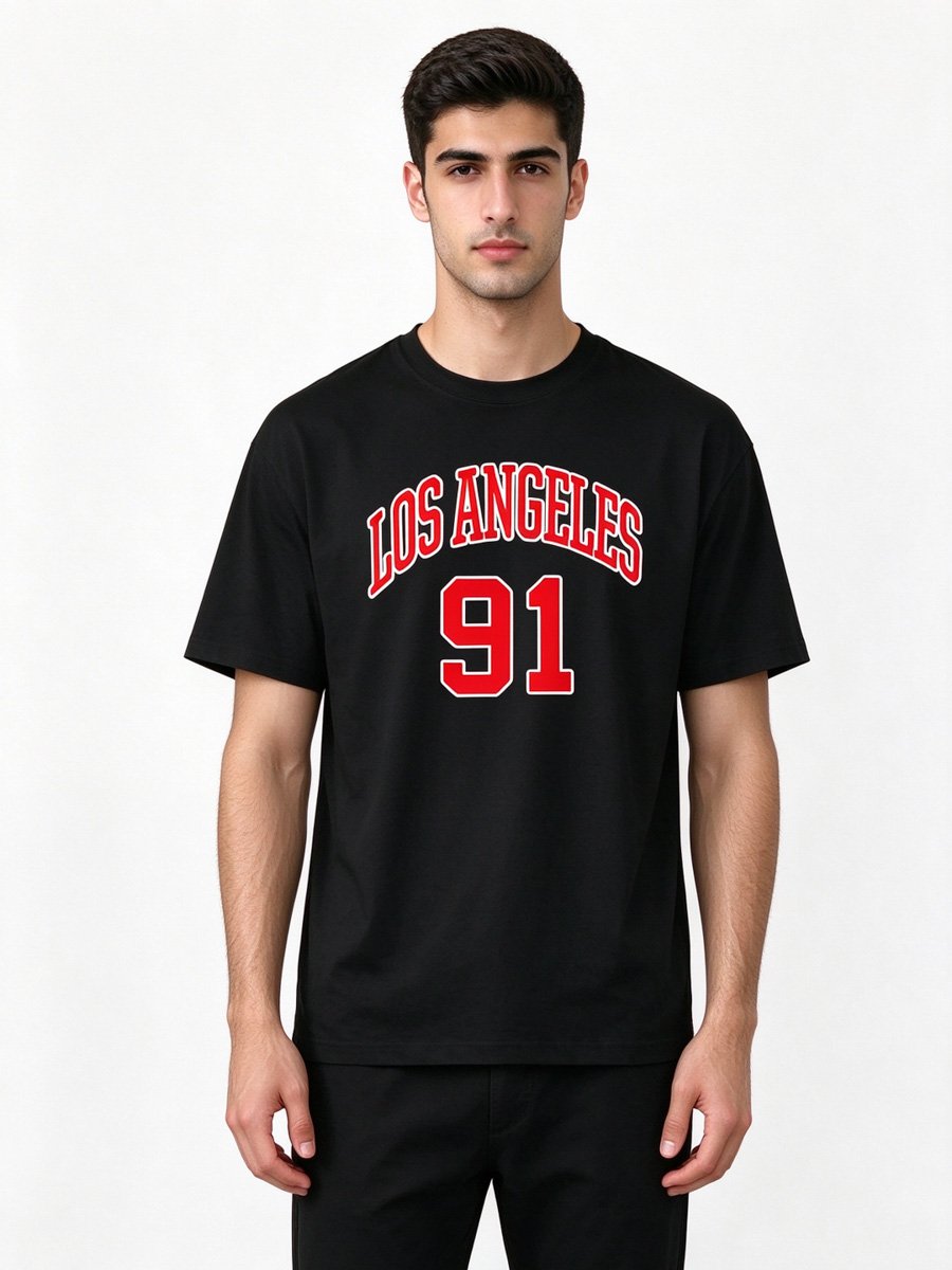 Men Black Los Angeles 91 Knitted Graphic T-Shirt