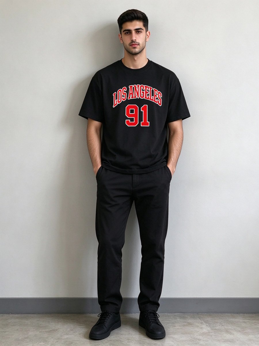 Men Black Los Angeles 91 Knitted Graphic T-Shirt