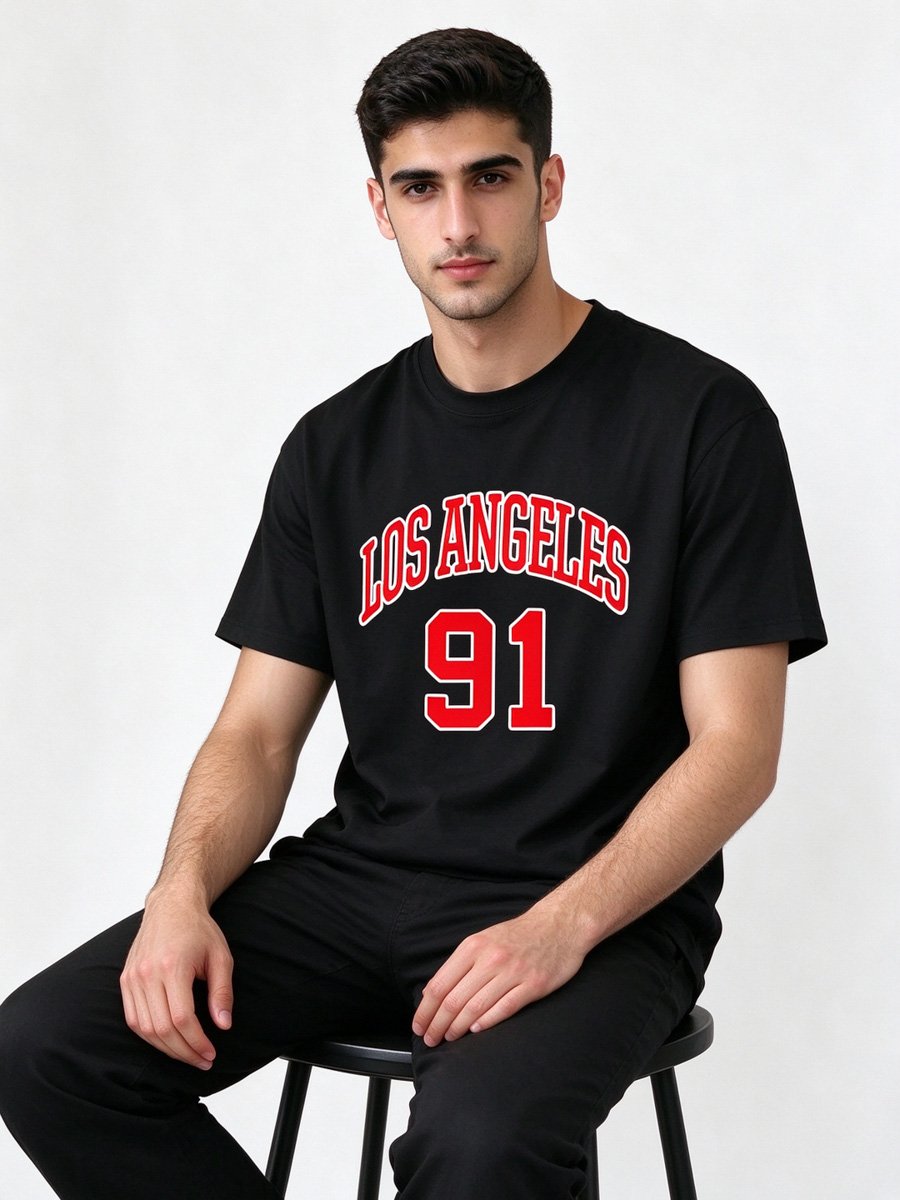 Men Black Los Angeles 91 Knitted Graphic T-Shirt