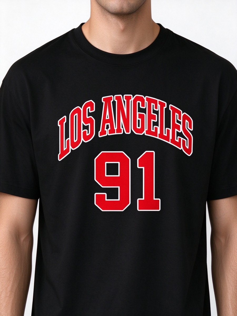 Men Black Los Angeles 91 Knitted Graphic T-Shirt