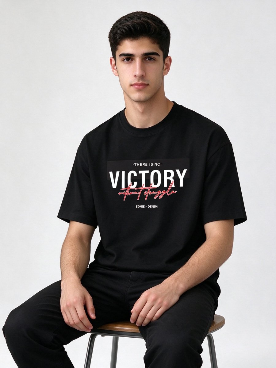 Men Black Knitted Graphic T-Shirt