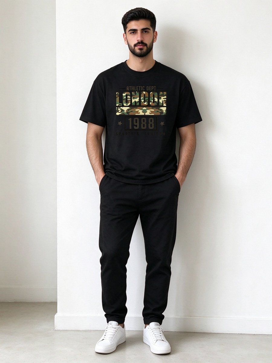 Men Black Knitted Graphic T-Shirt