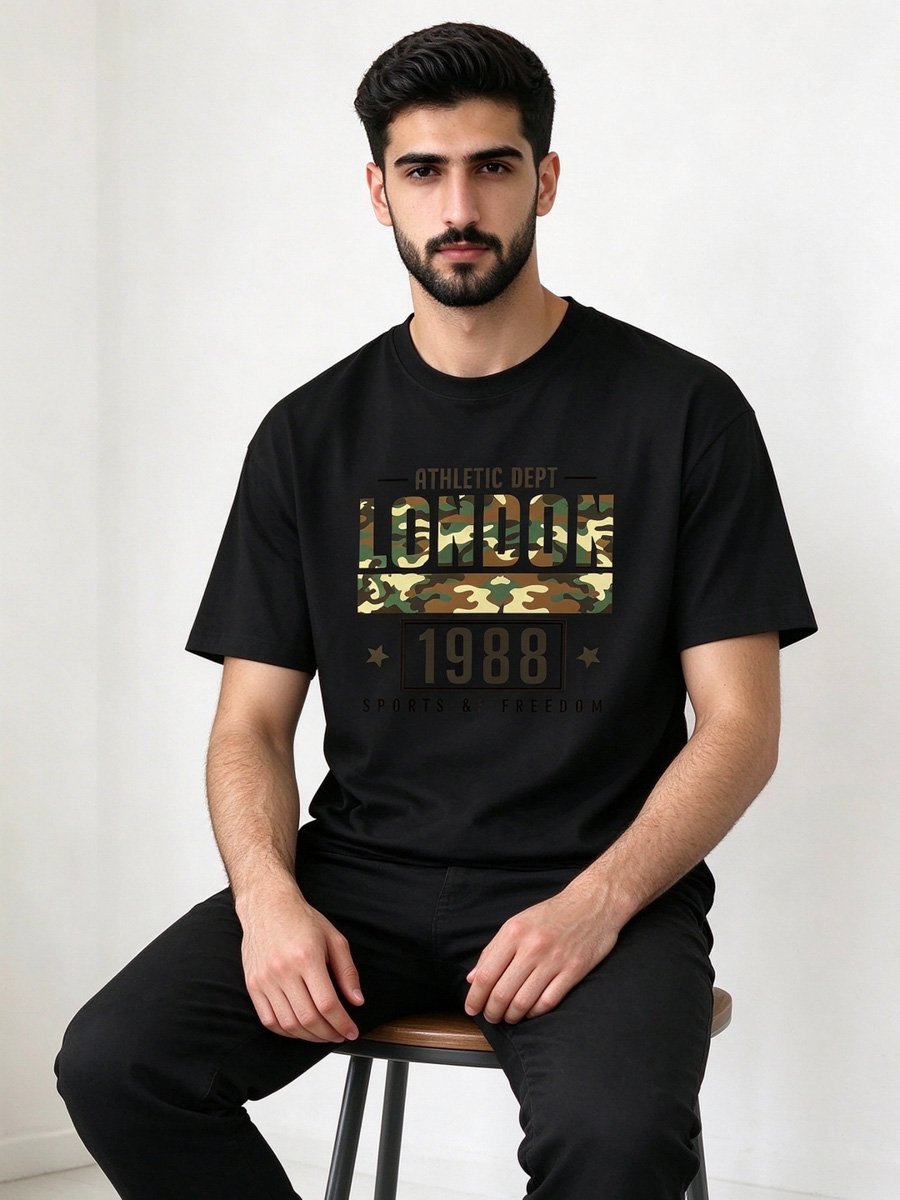 Men Black Knitted Graphic T-Shirt