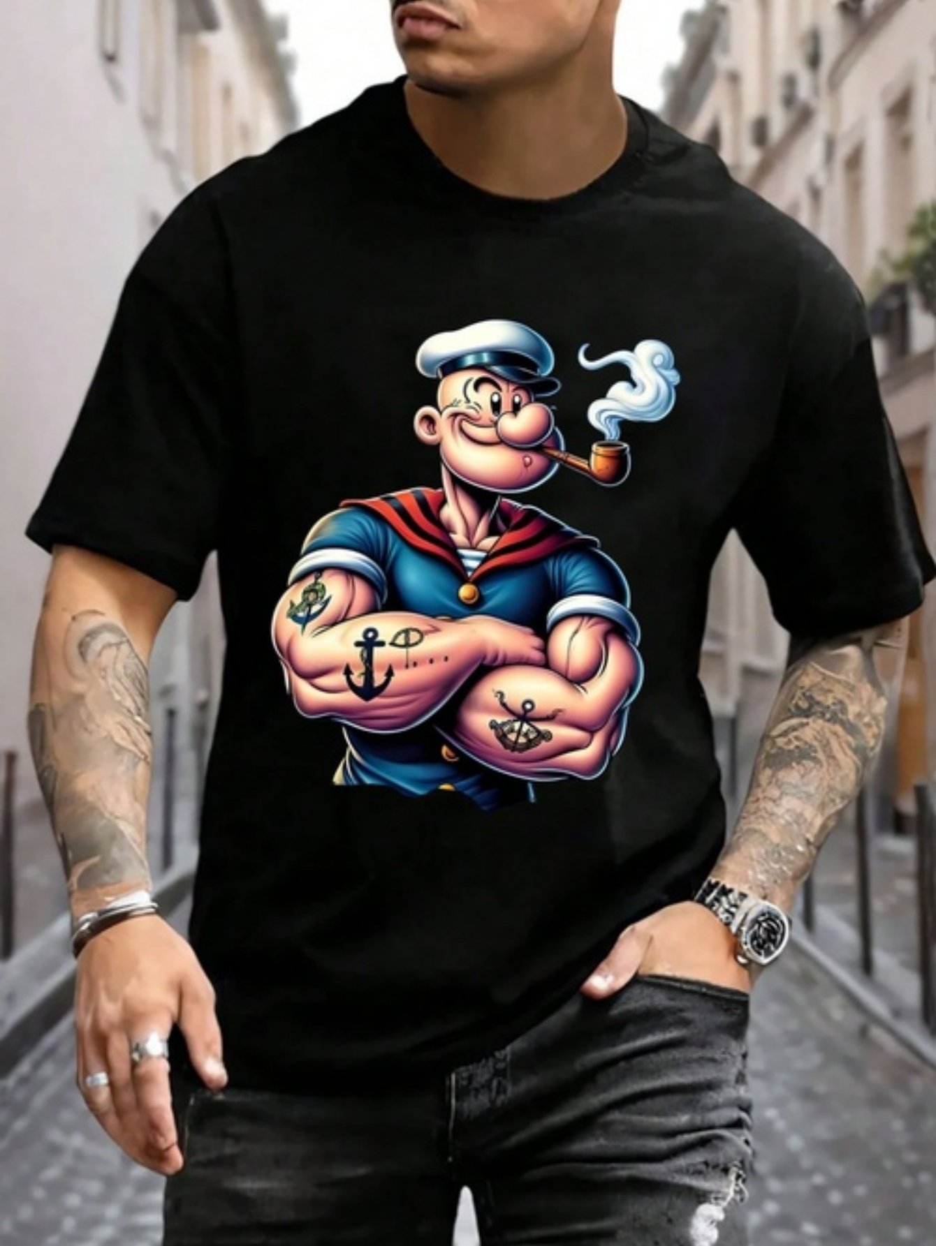 Black Graphic Round Neck Loose Fit T-Shirt