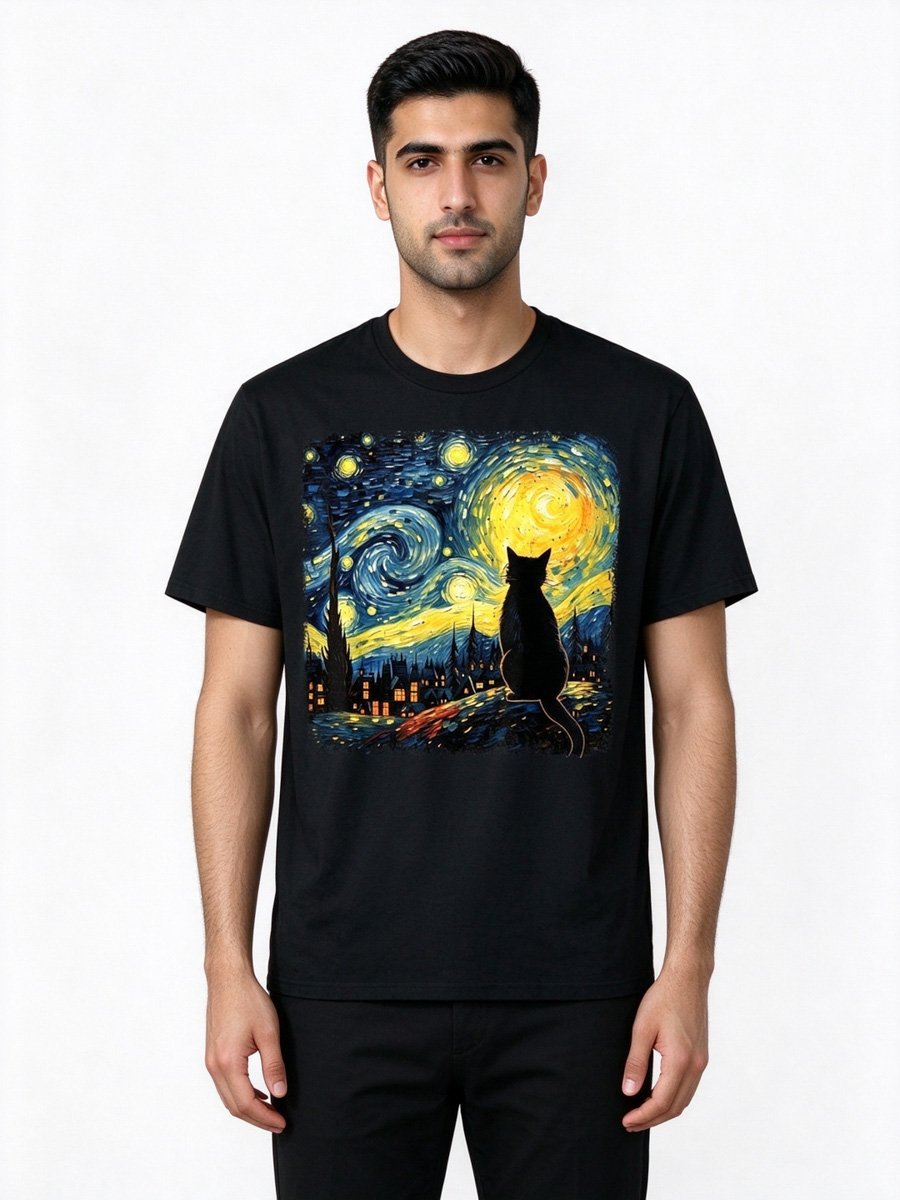 Men Black Starry Night Cat Graphic T-Shirt