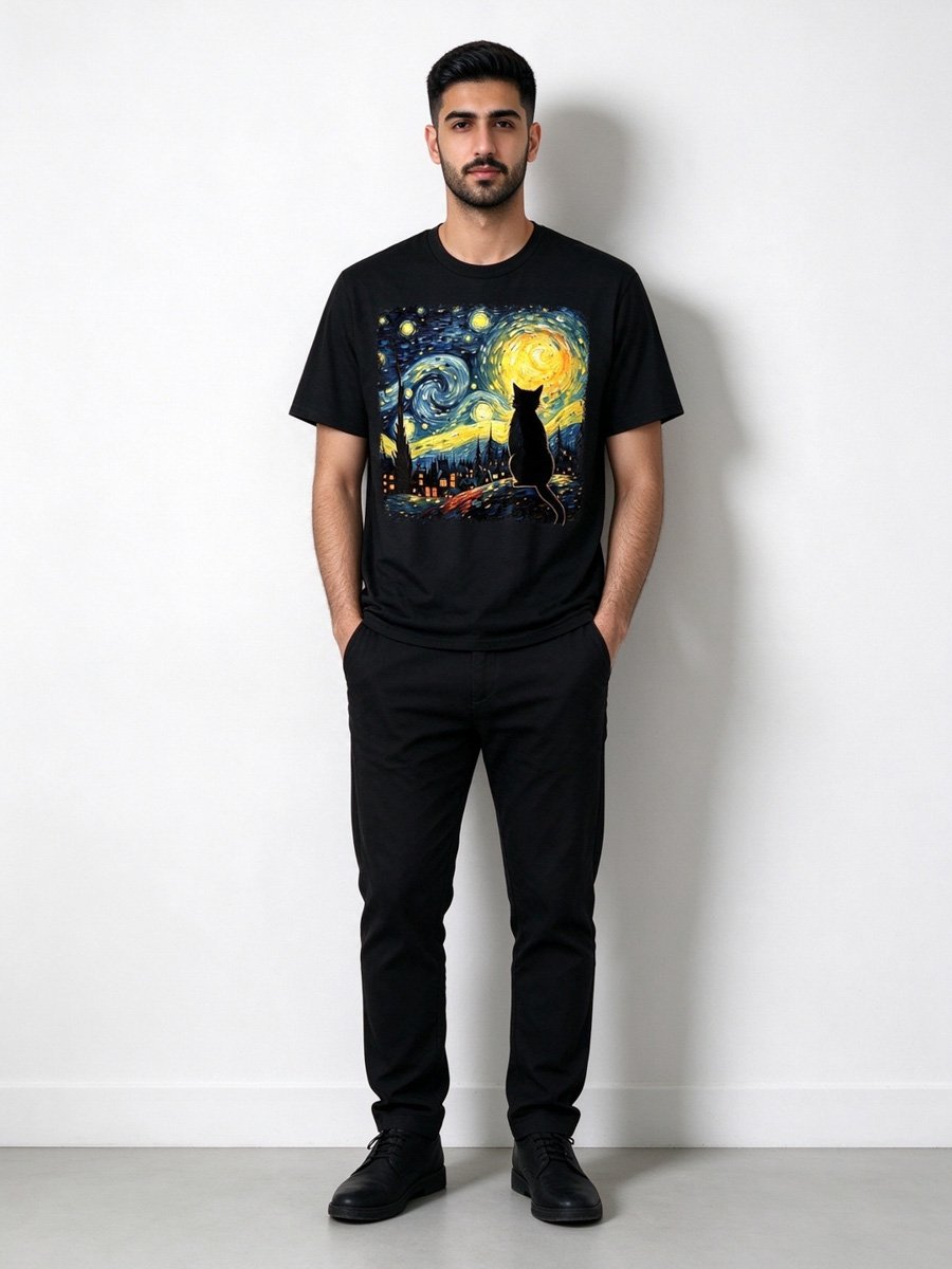 Men Black Starry Night Cat Graphic T-Shirt