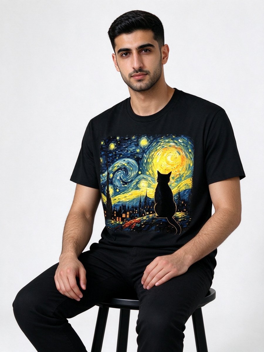 Men Black Starry Night Cat Graphic T-Shirt