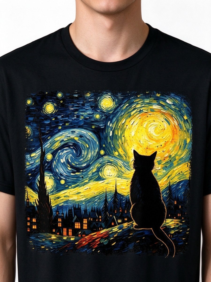 Men Black Starry Night Cat Graphic T-Shirt
