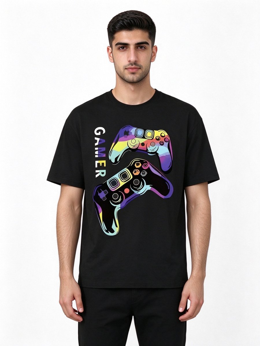 Men Black Cotton Gaming Controller Graphic T-Shirt