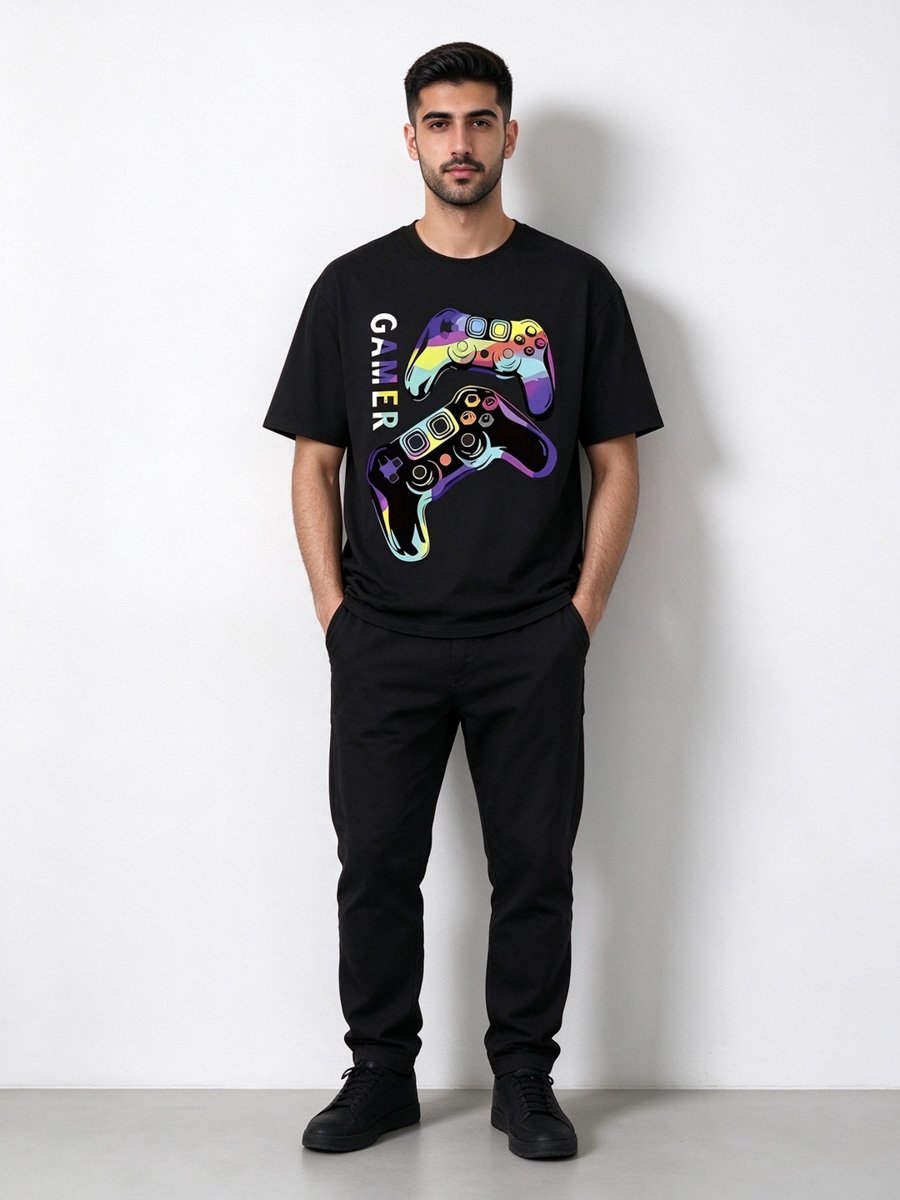 Men Black Cotton Gaming Controller Graphic T-Shirt