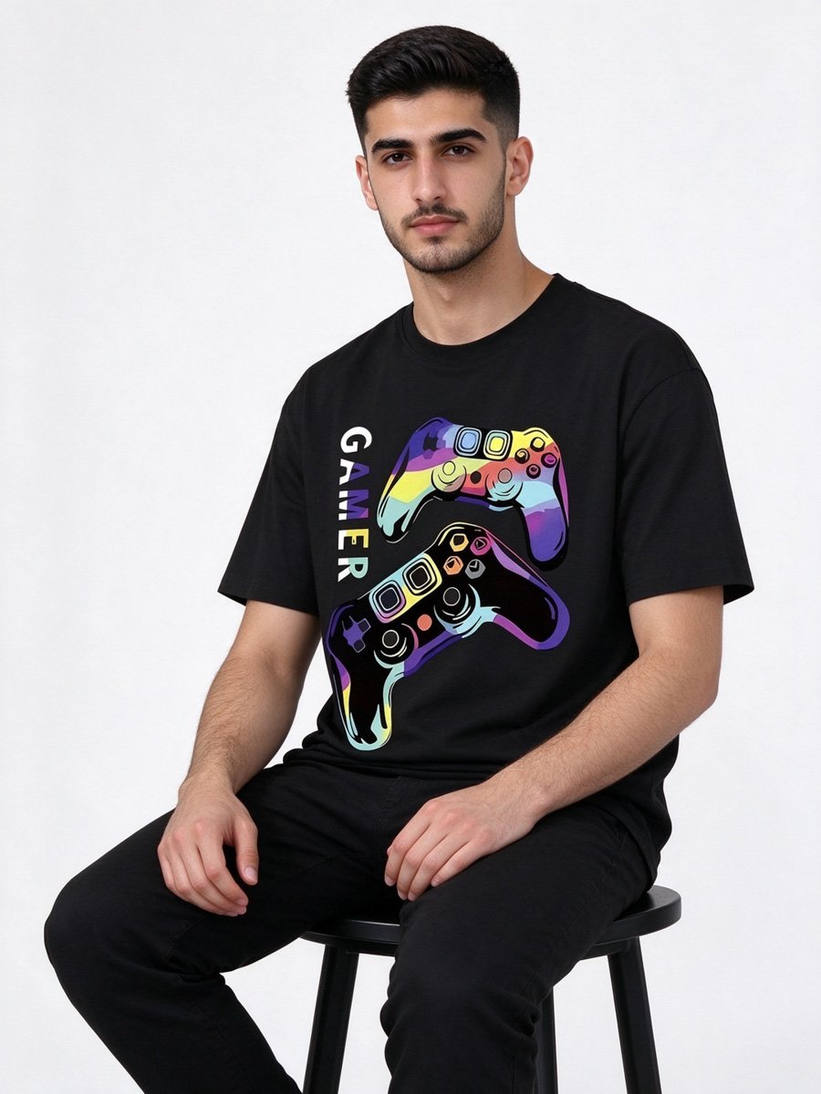 Men Black Cotton Gaming Controller Graphic T-Shirt