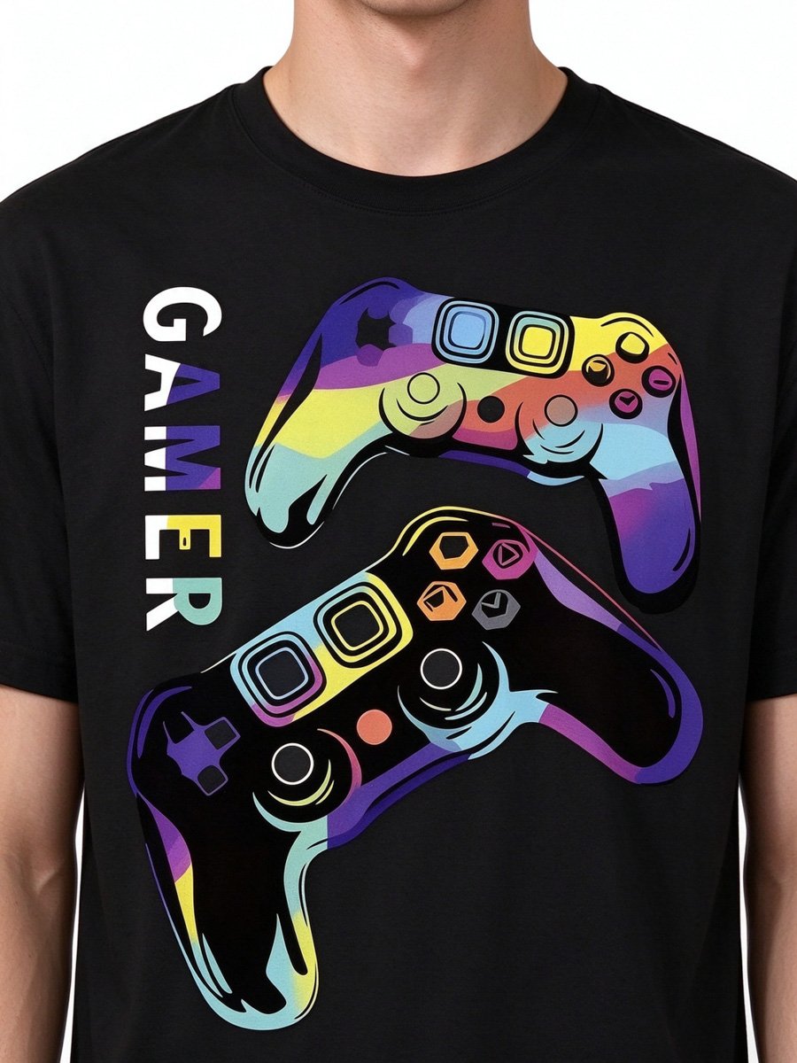 Men Black Cotton Gaming Controller Graphic T-Shirt