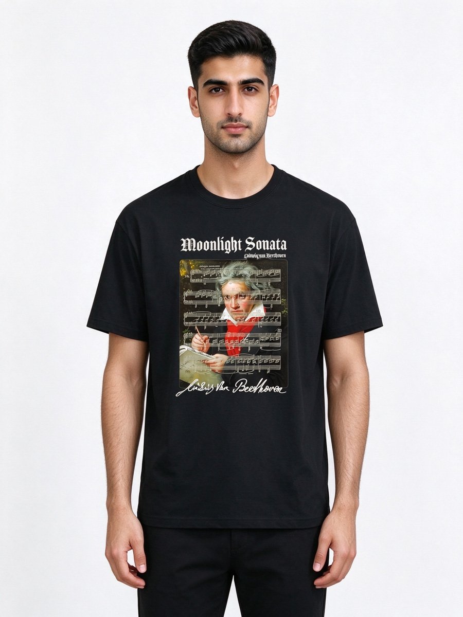 Men Black Cotton Beethoven Moonlight Sonata Graphic T-Shirt