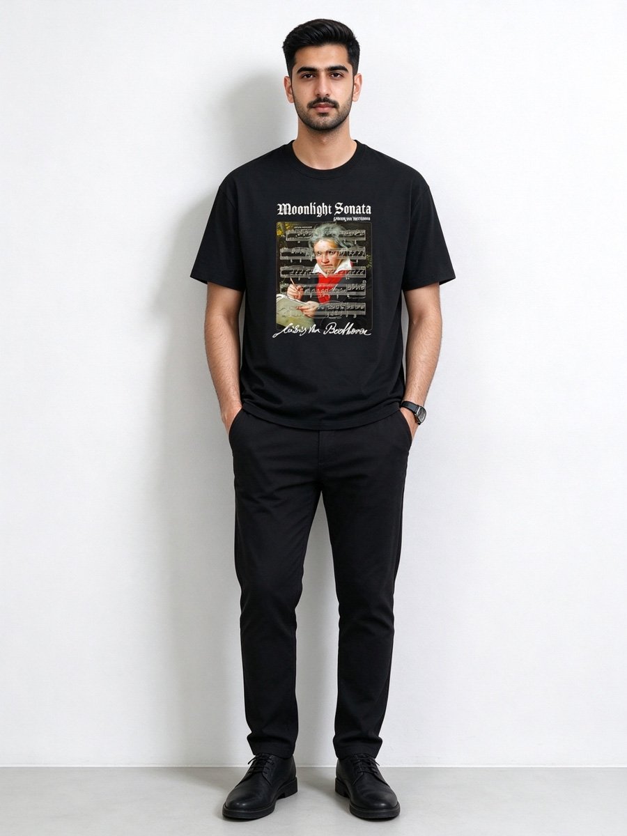 Men Black Cotton Beethoven Moonlight Sonata Graphic T-Shirt