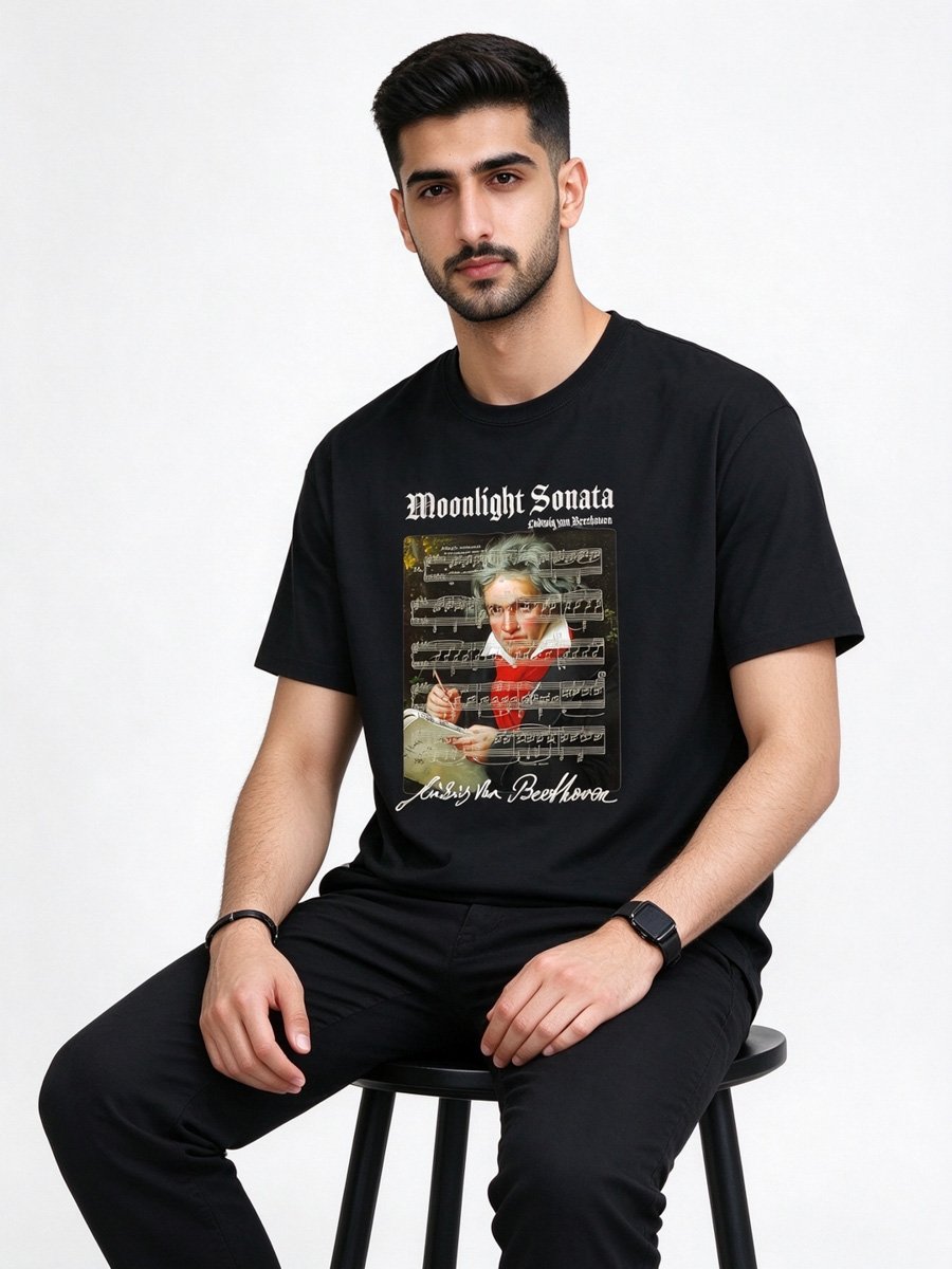 Men Black Cotton Beethoven Moonlight Sonata Graphic T-Shirt