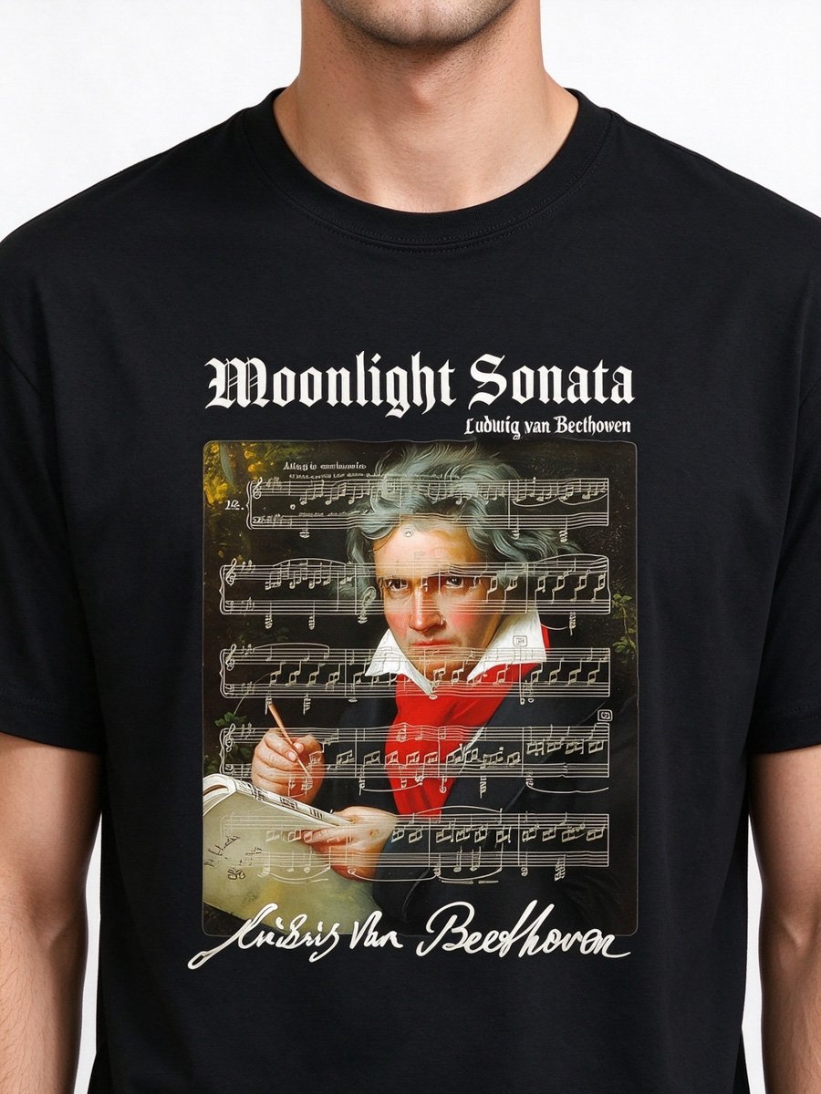 Men Black Cotton Beethoven Moonlight Sonata Graphic T-Shirt