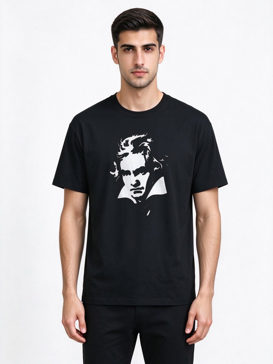 Men Black Beethoven Graphic T-Shirt