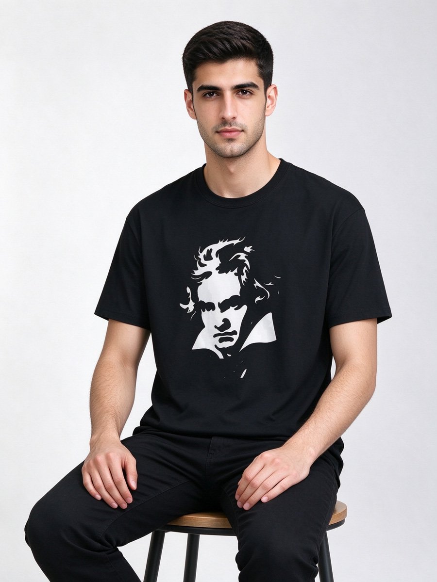 Men Black Beethoven Graphic T-Shirt