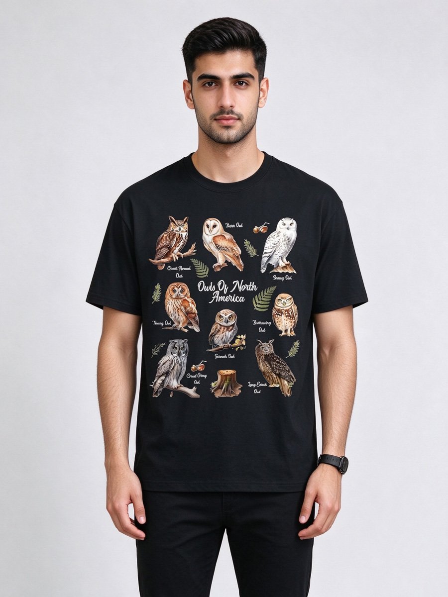 Men Black Owl Graphic T-Shirt with Round Neck