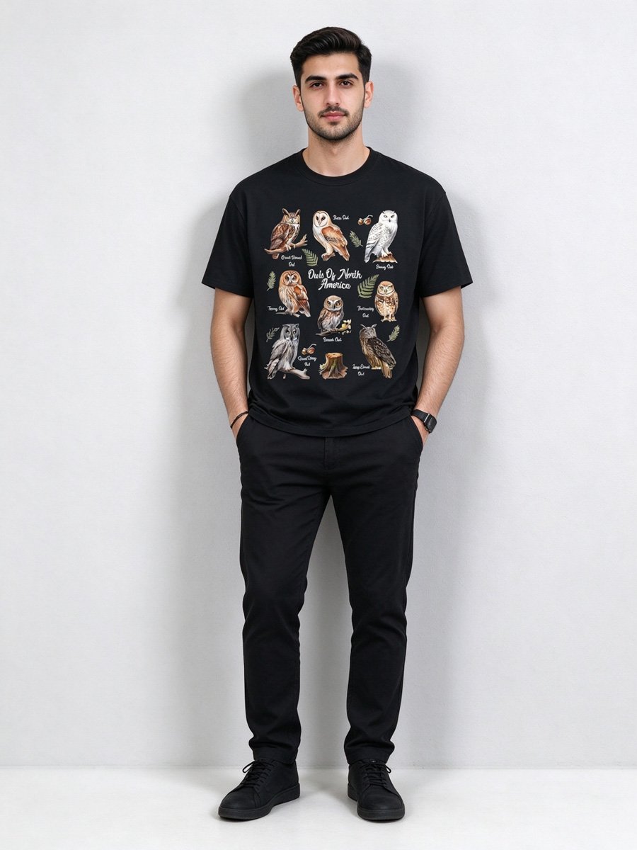 Men Black Owl Graphic T-Shirt with Round Neck