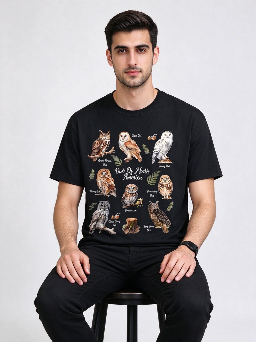 Men Black Owl Graphic T-Shirt with Round Neck