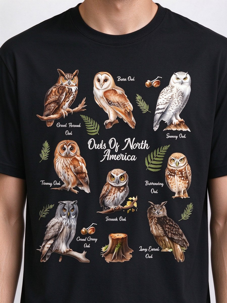 Men Black Owl Graphic T-Shirt with Round Neck