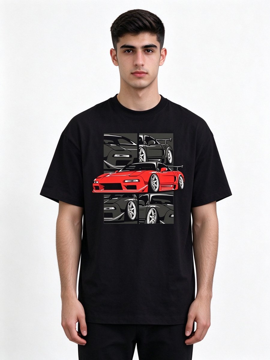 Men Black Knitted Car Graphic T-Shirt