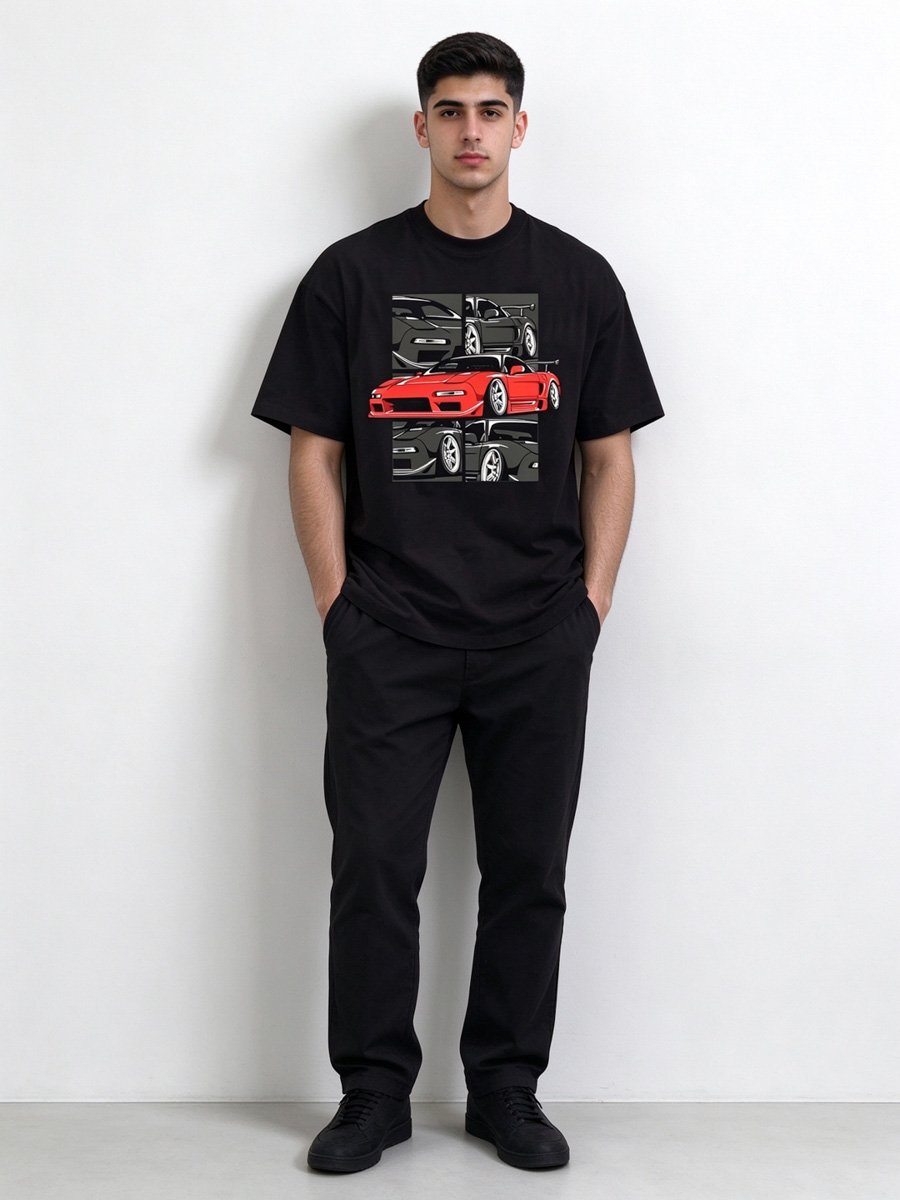 Men Black Knitted Car Graphic T-Shirt