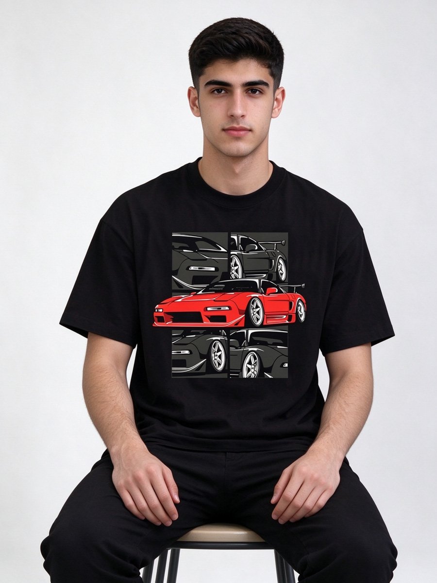 Men Black Knitted Car Graphic T-Shirt