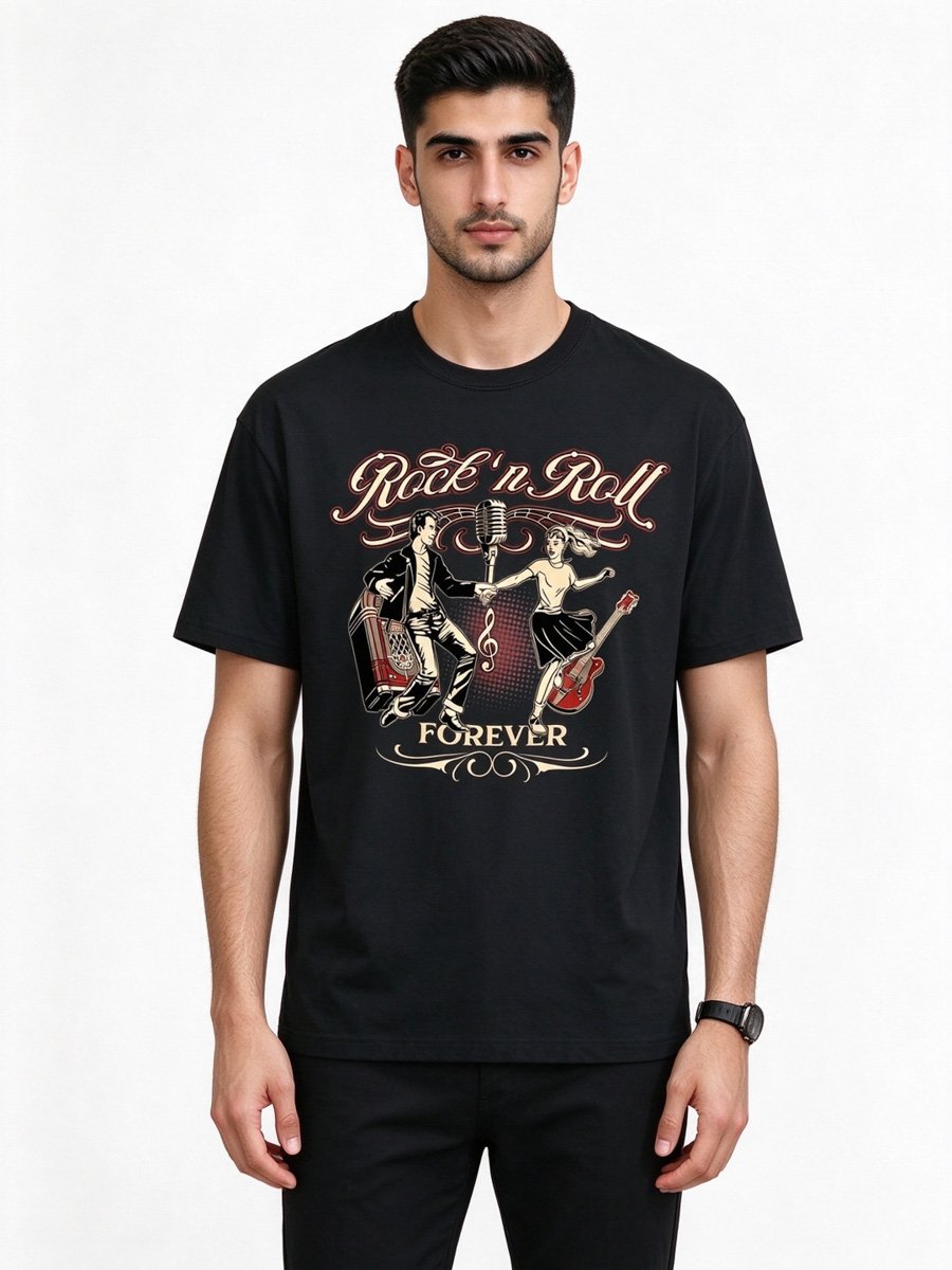 Men Black Rock n Roll Forever Cotton T-Shirt