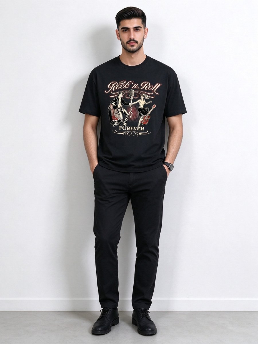 Men Black Rock n Roll Forever Cotton T-Shirt