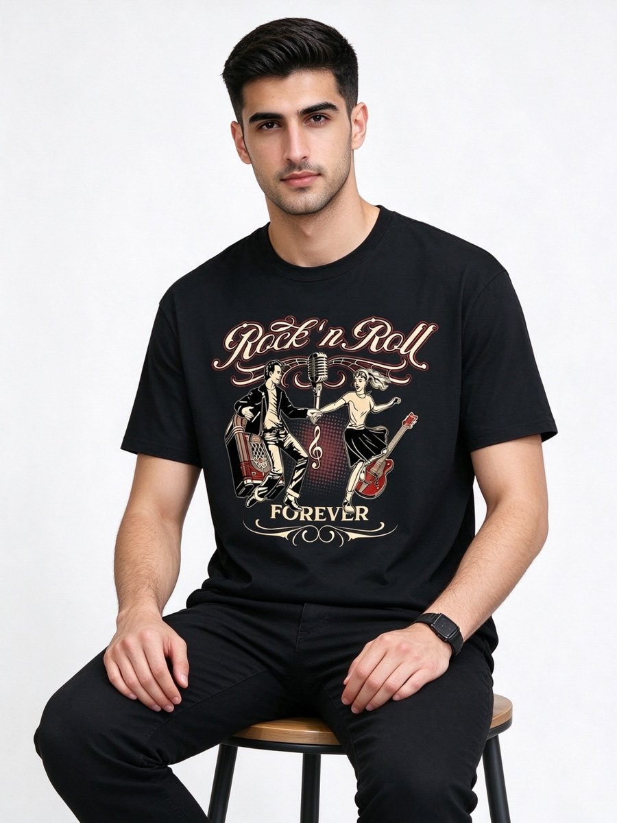 Men Black Rock n Roll Forever Cotton T-Shirt