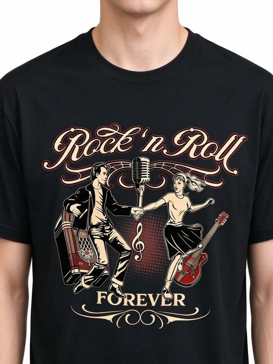 Men Black Rock n Roll Forever Cotton T-Shirt