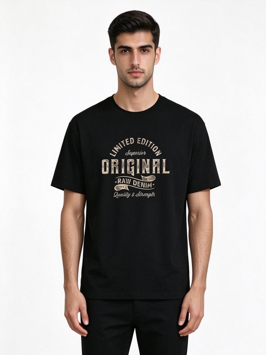 Men Black Graphic T-Shirt with Round Neck