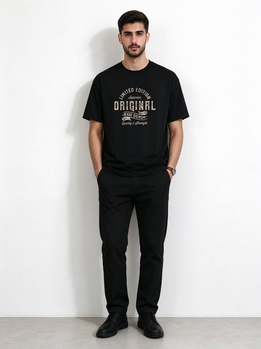 Men Black Graphic T-Shirt with Round Neck